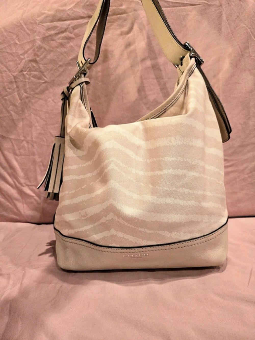 Coach Sand & White Legacy Print Zip Duffle-style Hobo Bag